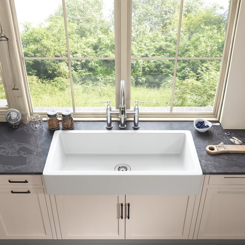 Premium White Single Bowl Fireclay Porcelain Ceramic Farmhouse Kitchen Sink, 37" (95716483) - HBG