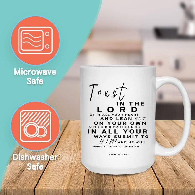 PROVERBS 3 FAITH MUG - Premium Large White Round BPA-Free Cute Ceramic Coffee Tea Mug With Features, Text View