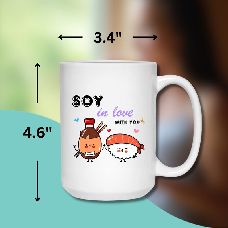 SOY IN LOVE MUG - Premium Large White Round BPA-Free Cute Ceramic Coffee Tea Mug With C-Handle, Measurement View