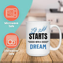 STARTS WITH A DREAM REST MUG - Premium Large White Round BPA-Free Cute Ceramic Coffee Tea Mug With Features, Text View