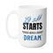 STARTS WITH A DREAM REST MUG - Premium Large White Round BPA-Free Cute Ceramic Coffee Tea Mug With C-Handle, Side View