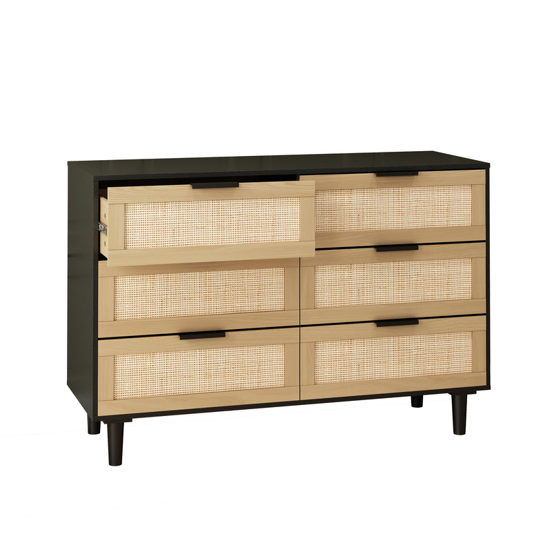 Stylish 6-Drawer Black Rattan Dresser For Bedroom And Living Room (92730415) - HBG