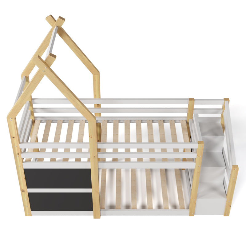 Stylish Twin House Bunk Bed Frame With Storage And Blackboards, White (96382514) - HBG