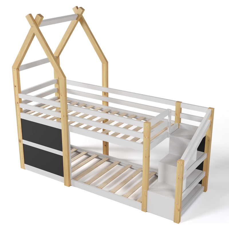 Stylish Twin House Bunk Bed Frame With Storage And Blackboards, White (96382514) - HBG