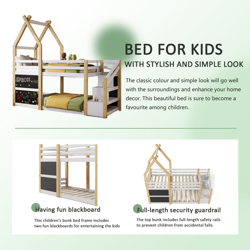 Stylish Twin House Bunk Bed Frame With Storage And Blackboards, White (96382514) - HBG