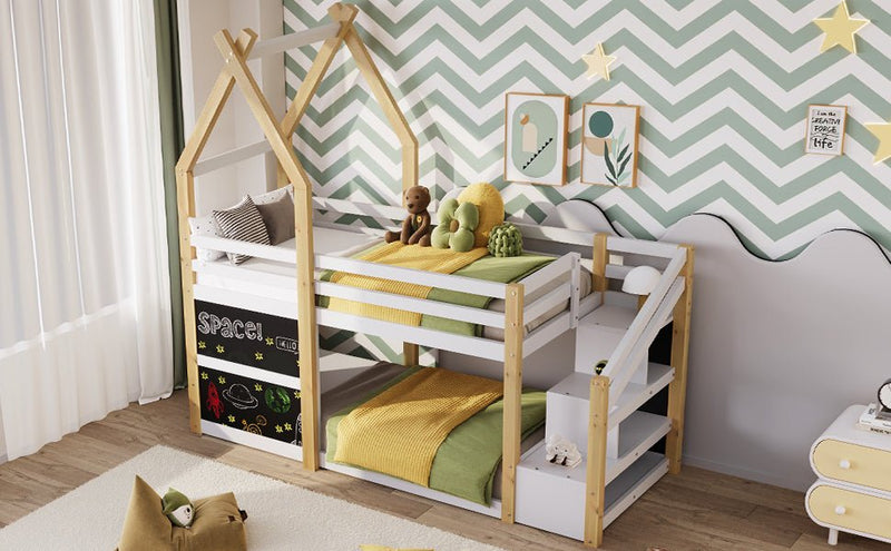 Stylish Twin House Bunk Bed Frame With Storage And Blackboards, White (96382514) - HBG