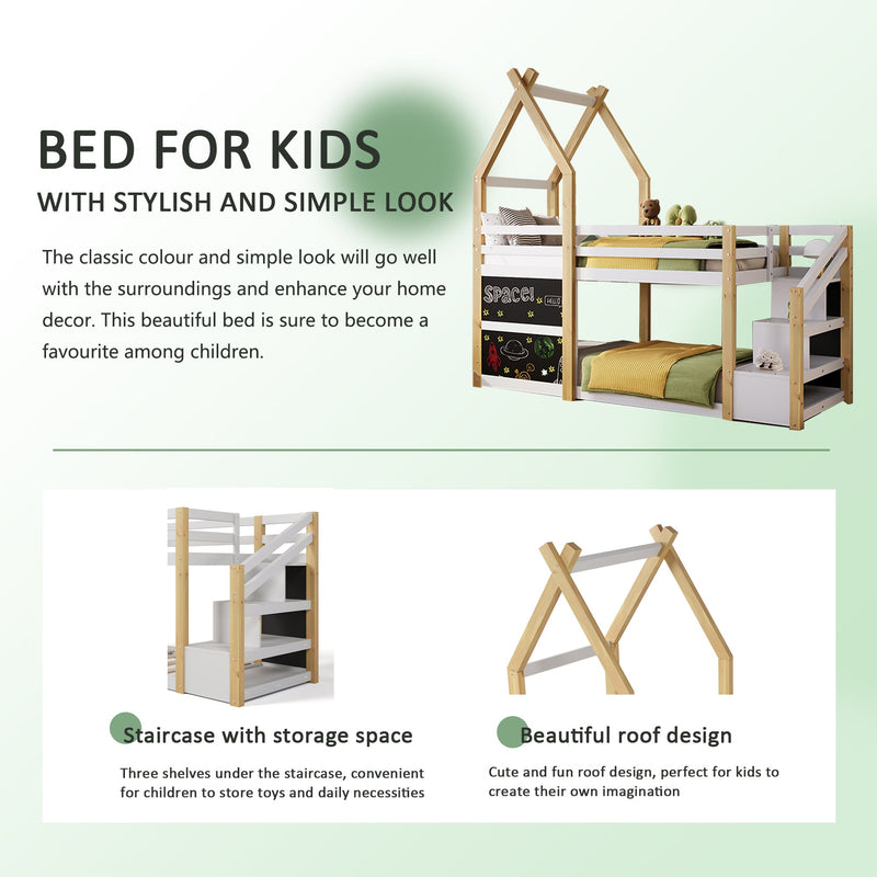 Stylish Twin House Bunk Bed Frame With Storage And Blackboards, White (96382514) - HBG