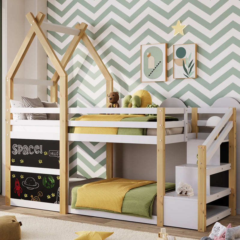 Stylish Twin House Bunk Bed Frame With Storage And Blackboards, White (96382514) - HBG