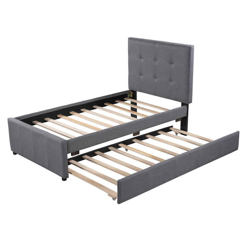 Stylish Twin Linen Bed Frame With Headboard And Trundle, Gray (96387251) - HBG