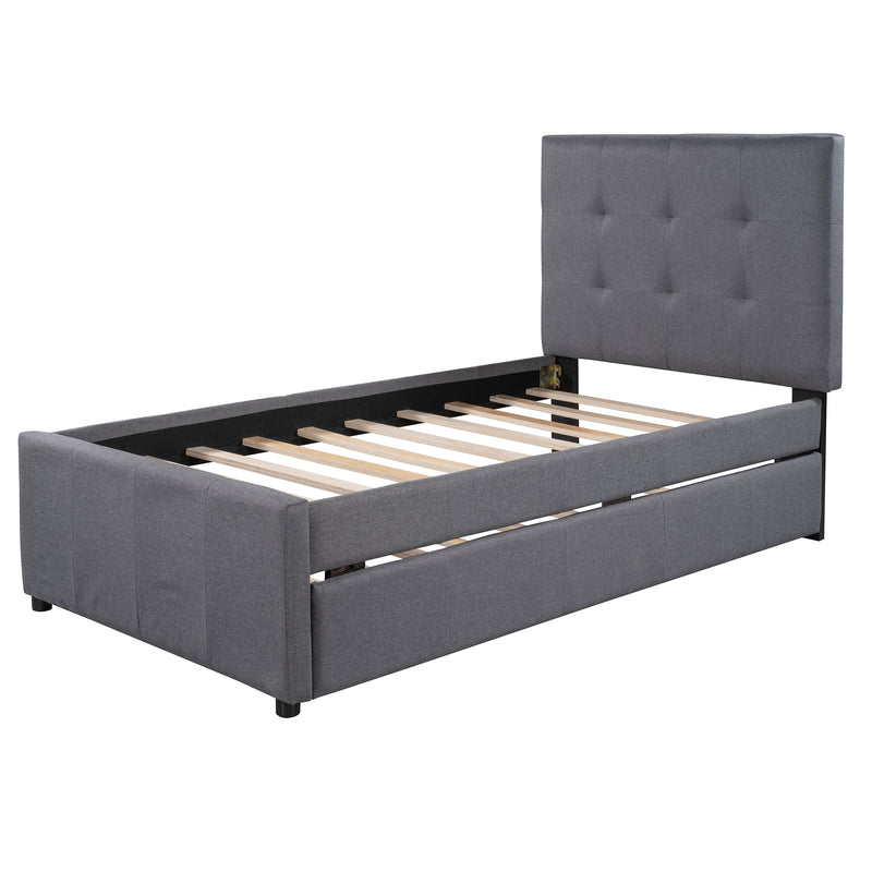 Stylish Twin Linen Bed Frame With Headboard And Trundle, Gray (96387251) - HBG