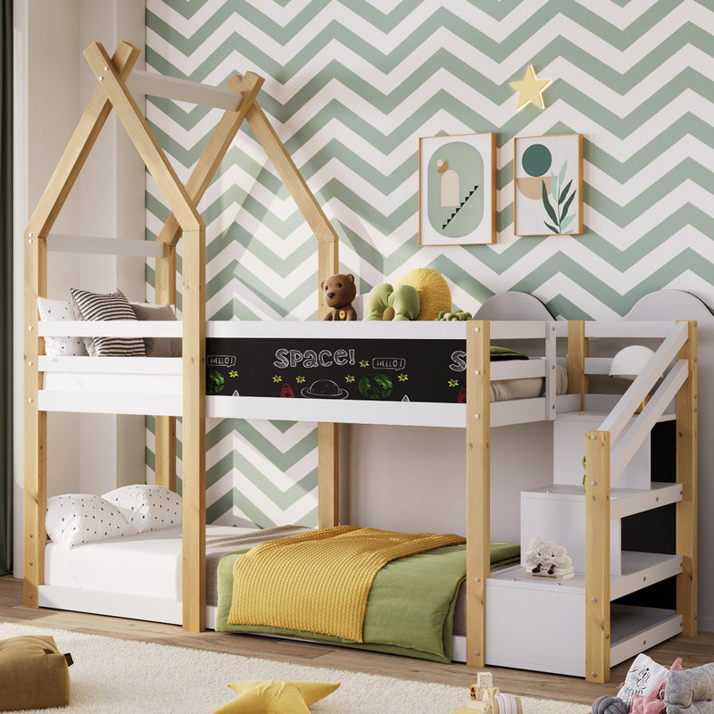 Stylish Twin over Twin House Bunk Bed With Storage Stairs And Blackboard (92463571) - HBG