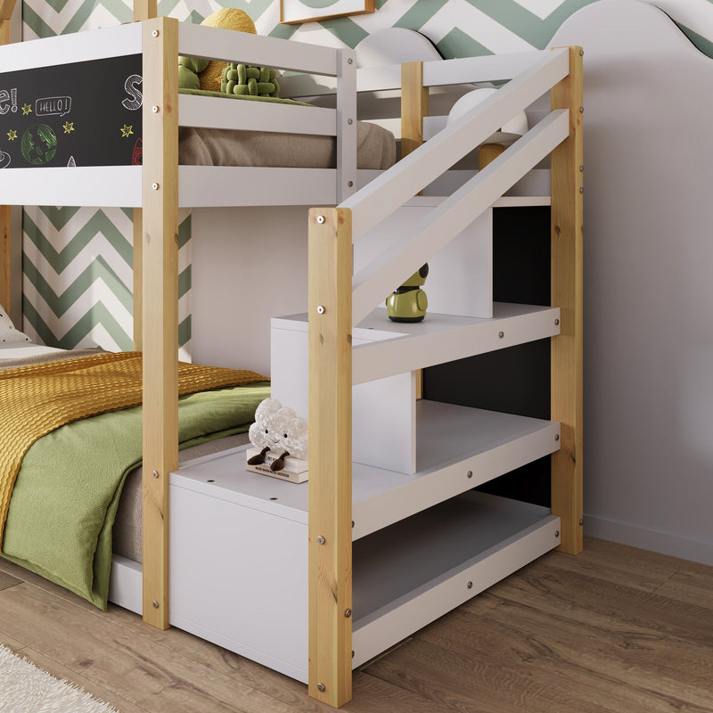 Stylish Twin over Twin House Bunk Bed With Storage Stairs And Blackboard (92463571) - HBG