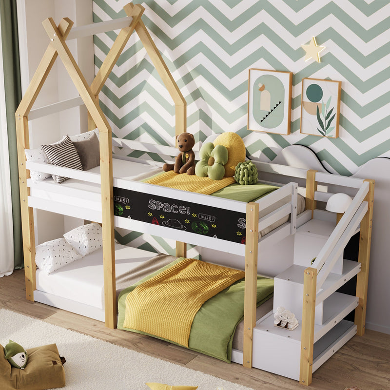 Stylish Twin over Twin House Bunk Bed With Storage Stairs And Blackboard (92463571) - HBG