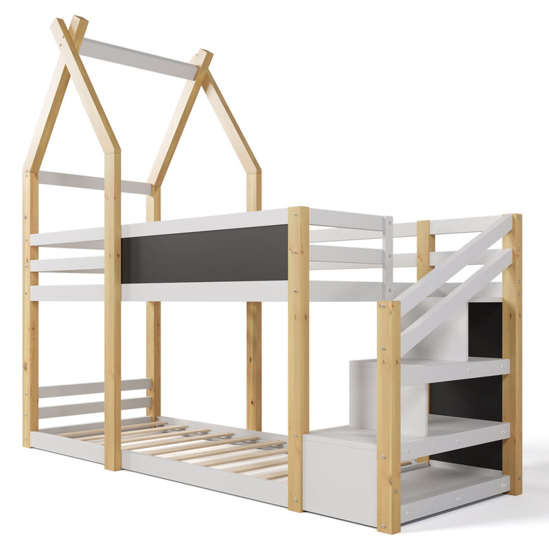 Stylish Twin over Twin House Bunk Bed With Storage Stairs And Blackboard (92463571) - HBG