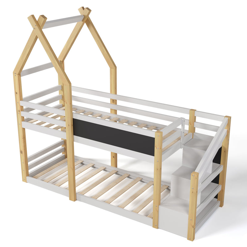 Stylish Twin over Twin House Bunk Bed With Storage Stairs And Blackboard (92463571) - HBG