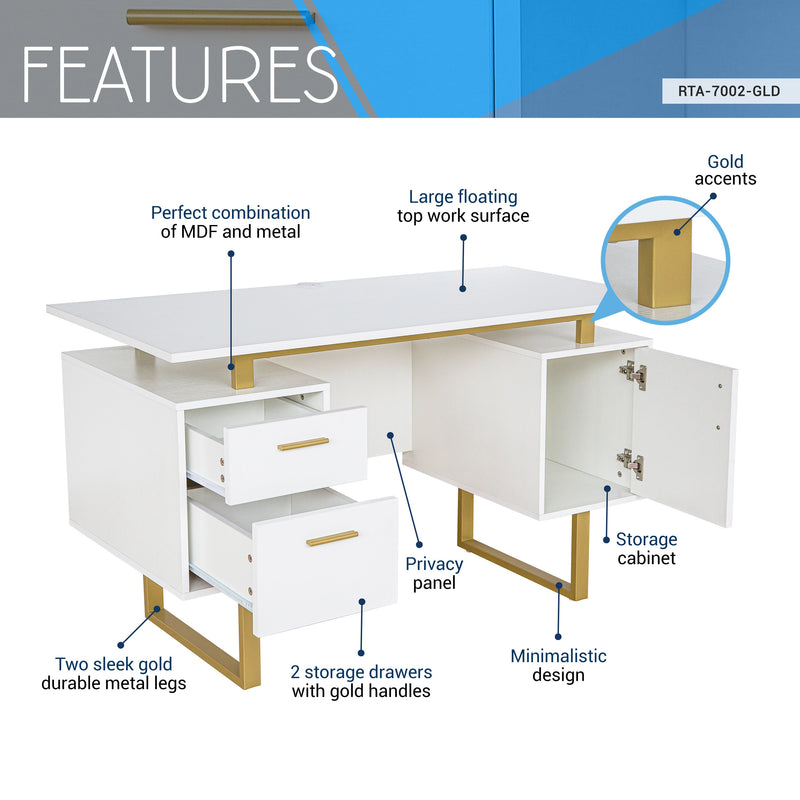 TECHNI MOBILI Premium White And Gold Desk With Drawers, 51.3" (97268531) - HBG