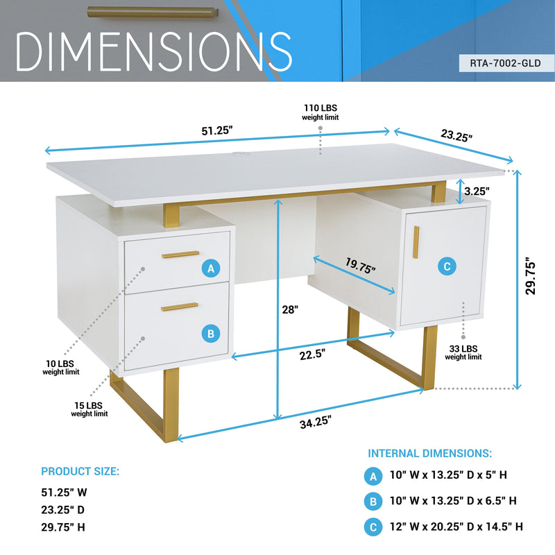 TECHNI MOBILI Premium White And Gold Desk With Drawers, 51.3" (97268531) - HBG