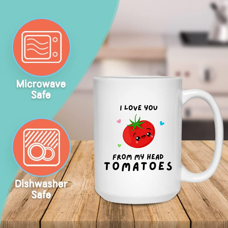 TOMATO LOVE MUG - Premium Large White Round BPA-Free Cute Ceramic Coffee Tea Mug With C-Handle, Features, Text View