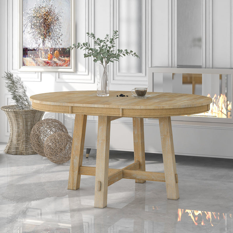 TREXM 6-Person Natural Solid Wood Round Extendable Farmhouse Dining Table, 58" (HBG71598) - HBG