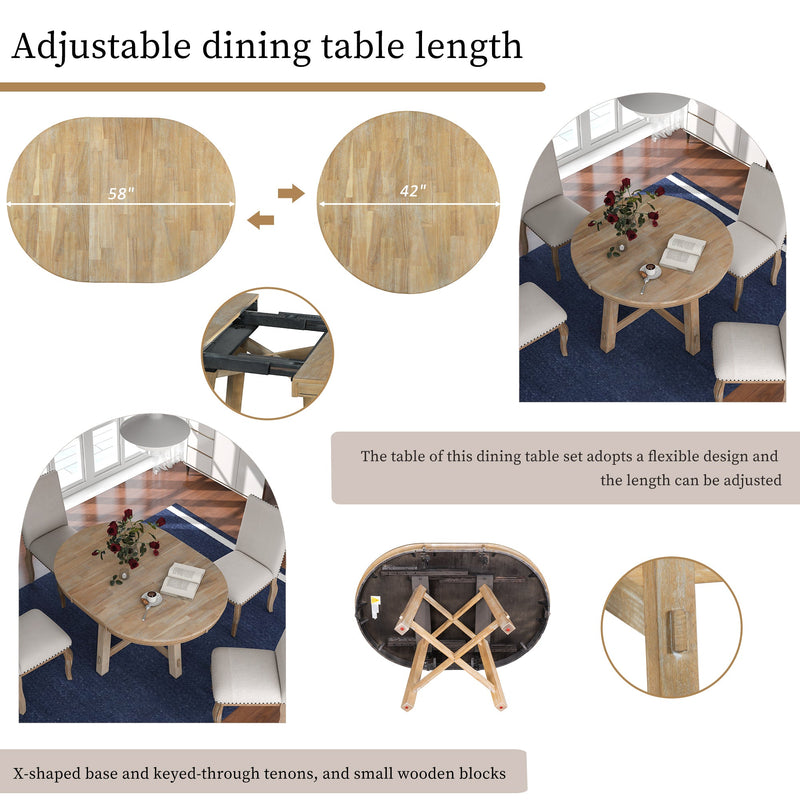 TREXM 6-Person Natural Solid Wood Round Extendable Farmhouse Dining Table, 58" (HBG71598) - HBG