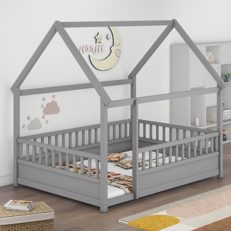 Unique Full-Size Wooden Bed Frame With House Roof, Gray (97928531) - HBG