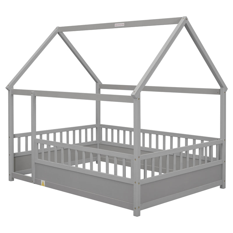 Unique Full-Size Wooden Bed Frame With House Roof, Gray (97928531) - HBG