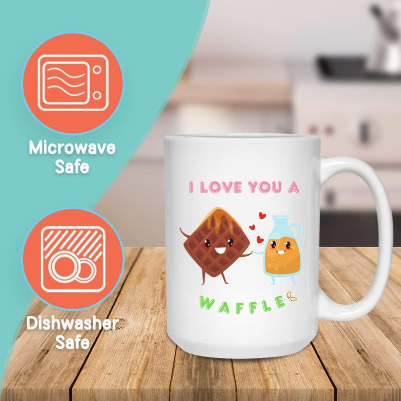 WAFFLE LOVE MUG - Premium Large White Round BPA-Free Cute Ceramic Coffee Tea Mug With C-Handle,Features, Text View