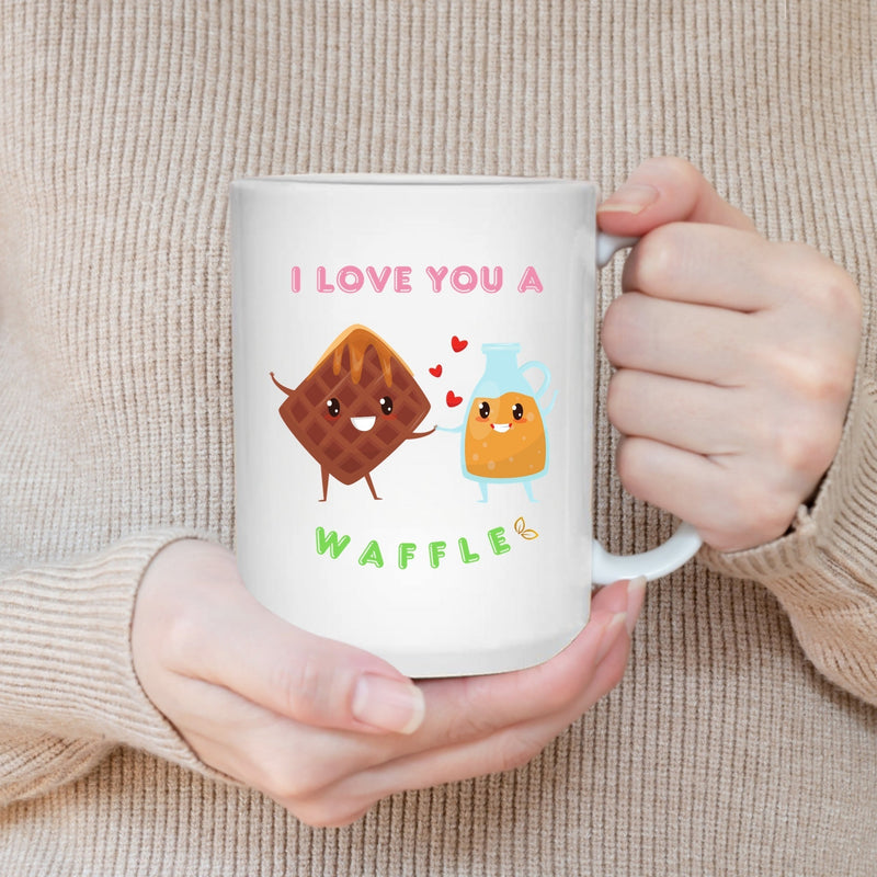 WAFFLE LOVE MUG - Premium Large White Round BPA-Free Cute Ceramic Coffee Tea Mug WithDemonstration View