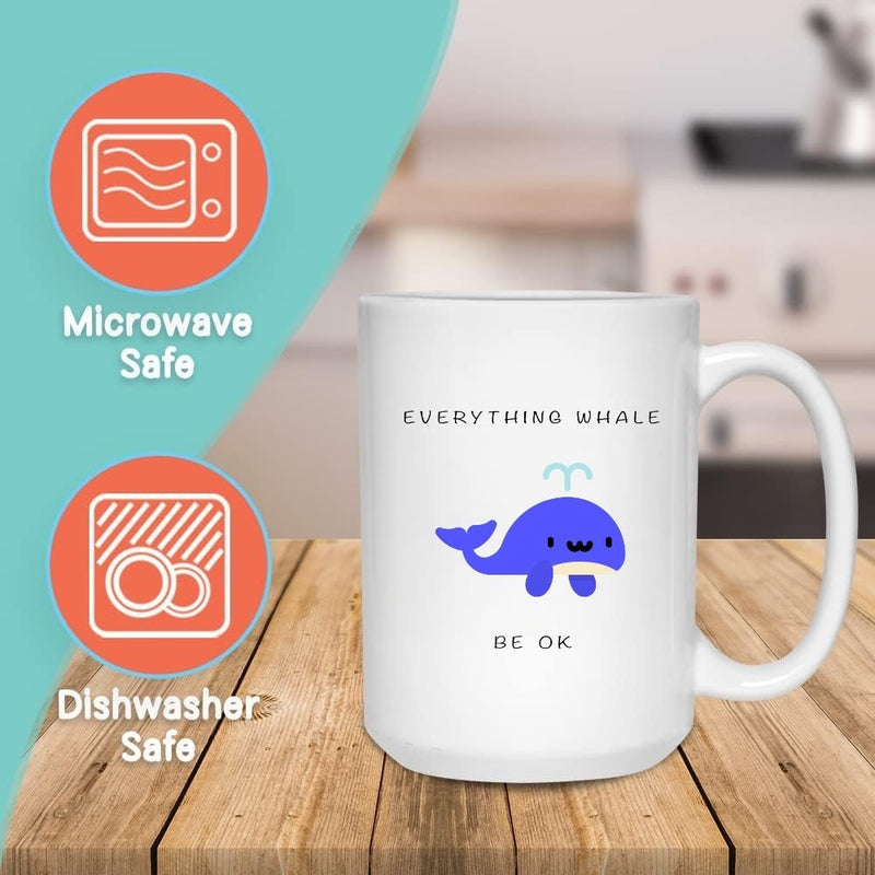 WHALE OK HEALING MUG - Premium Large White Round BPA-Free Cute Ceramic Coffee Tea Mug With Features, Text View