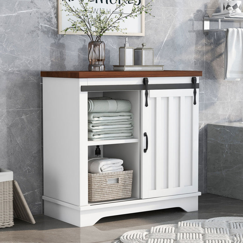 White Freestanding Bathroom Cabinet With Sliding Barn Door And Adjustable Shelf, 31.5" (92583162) - HBG